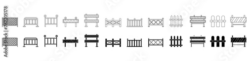Fence flat line icon set. Wood fencing, metal profiled sheet, wire mesh, crowd control barricades vector illustrations.
