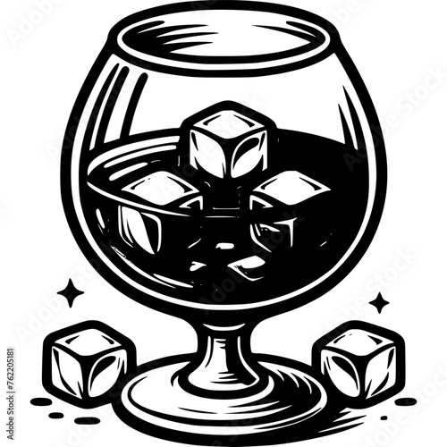 Glass of cognac with ice cubes in monochrome. Strong alcoholic drink. Simple minimalistic vector in black ink drawing on transparent background