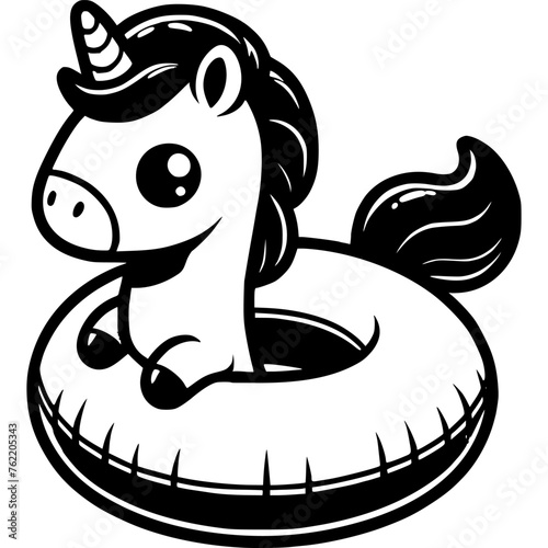 Small unicorn horse child learns to swim on lifebuoy in monochrome. Rules of conduct for children in open water. Simple minimalistic vector in black ink drawing on transparent background