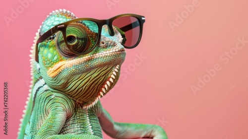 Cool chameleon wearing sunglasses on a solid color background, copy and text space, 16:9