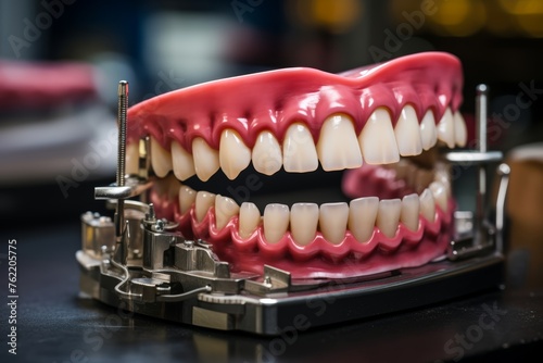 
Photography of a full upper jaw denture against the backdrop of dental equipment, showing its details and quality of manufacture.