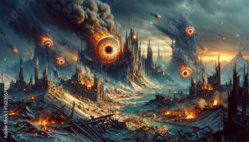 Apocalyptic Eclipse: Fiery Skies and Watchful Eyes Over a Ravaged Cityscape, Meteor Fiame Eyeballs, Star falls photo