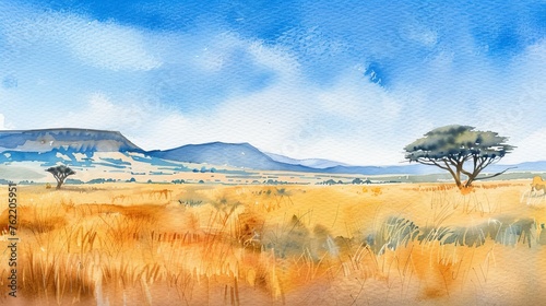 A watercolor illustration of a field with trees in the foreground and mountains in the background under a clear blue sky.