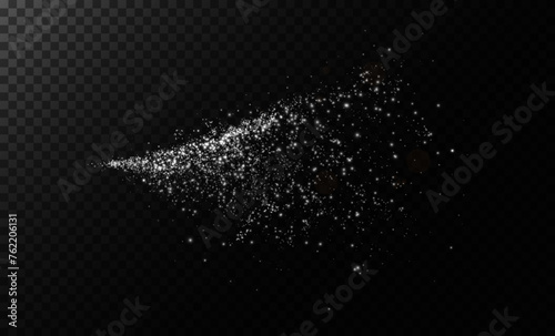 White scattering of small particles of sugar crystals  flying salt  top view of baking flour. White powder  explosion of powdered sugar isolated on dark background. Vector illustration. 