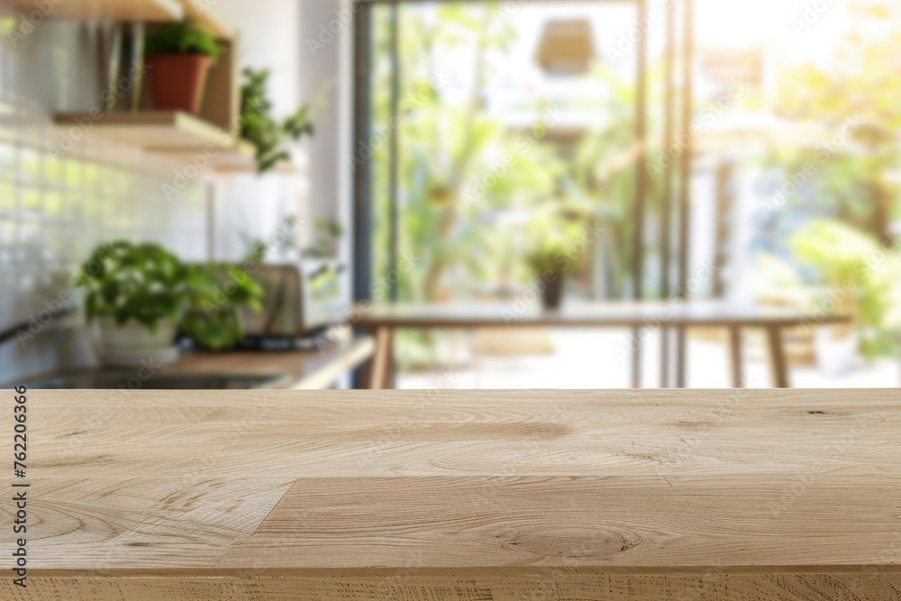 Empty wooden table and blurred background of modern kitchen, product display montage Empty wooden table and blurred background of modern kitchen, product display montage