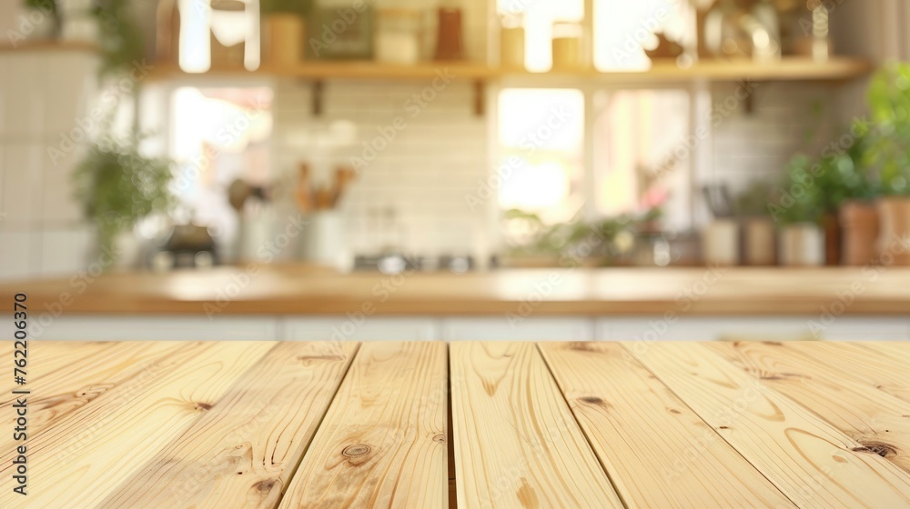 Empty wooden table and blurred background of modern kitchen, product display montage Empty wooden table and blurred background of modern kitchen, product display montage