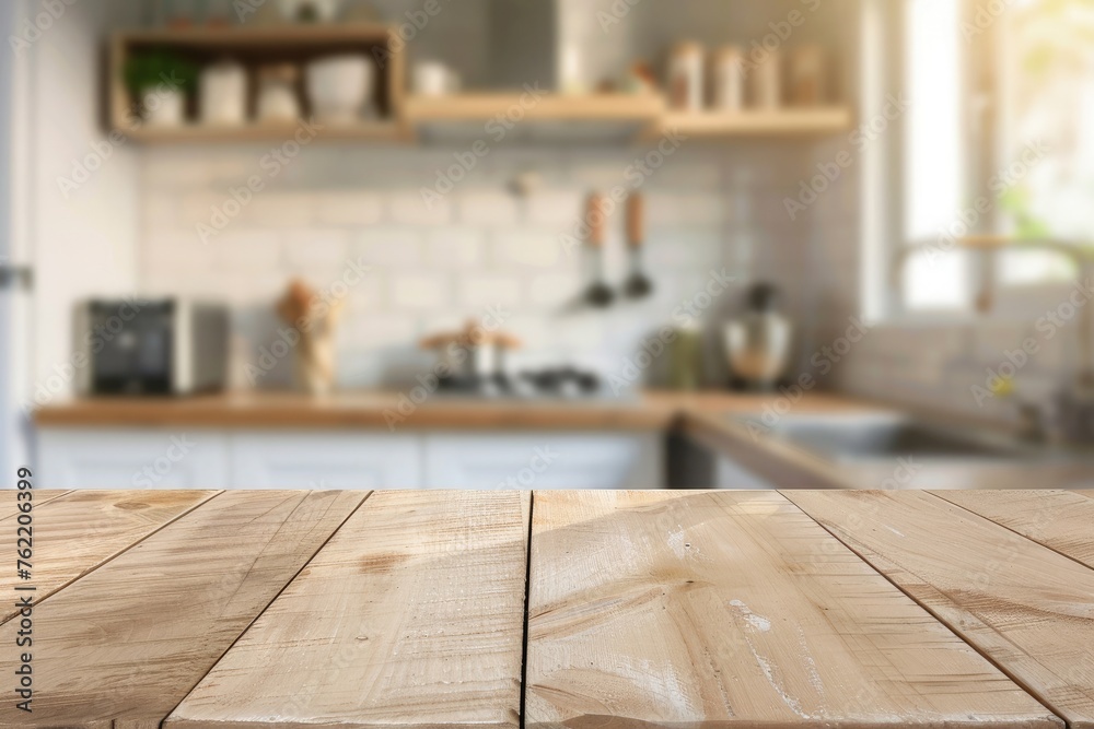 Empty wooden table and blurred background of modern kitchen, product display montage