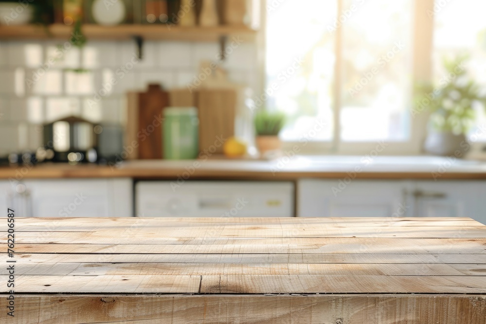 Empty wooden table and blurred background of modern kitchen, product display montage Empty wooden table and blurred background of modern kitchen, product display montage