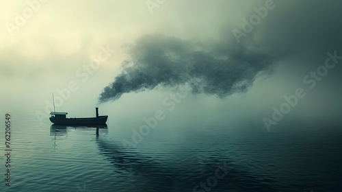A boat is seen floating on a body of water, emitting a plume of smoke into the sky. The boat appears to be in motion, possibly traveling across the water