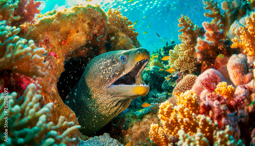 Close-up of a giant moray eel coming out of its den in a vibrant coral reef. Generative Ai. photo