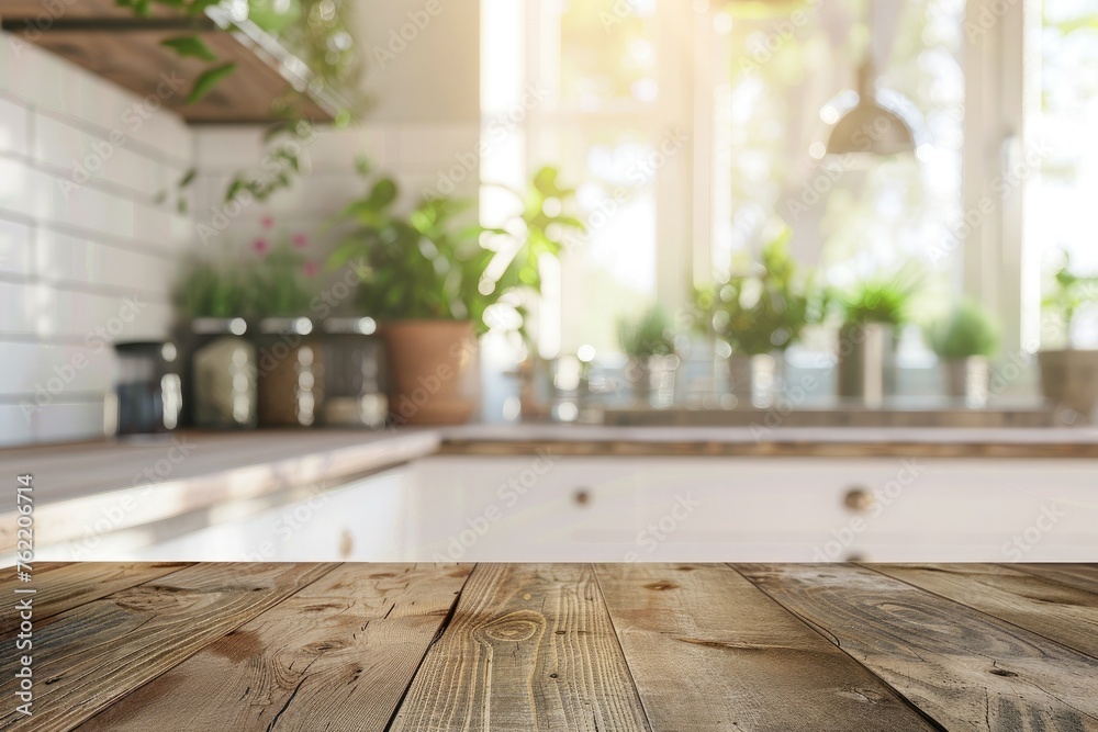 Empty wooden table and blurred background of modern kitchen, product display montage Empty wooden table and blurred background of modern kitchen, product display montage