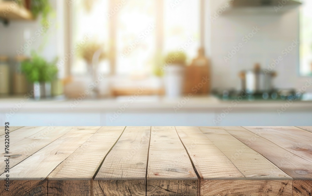 Empty wooden table and blurred background of modern kitchen, product display montage