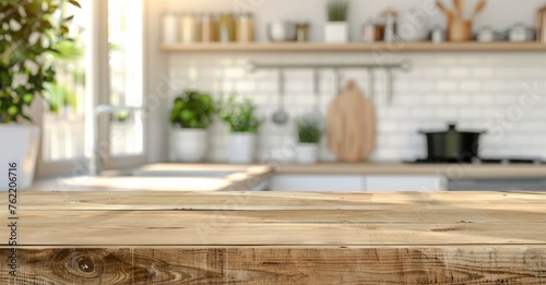 Empty wooden table and blurred background of modern kitchen, product display montage