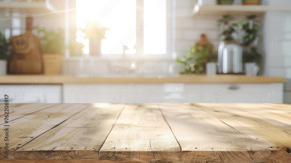 Empty wooden table and blurred background of modern kitchen, product display montage Empty wooden table and blurred background of modern kitchen, product display montage