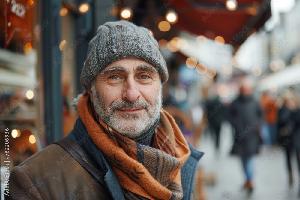 Elderly man smiling at camera. A close-up portrait of an elderly, man with a warm smile, wearing fashionable clothes.