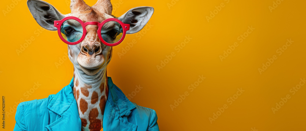 A giraffe in a sophisticated trench coat presents a quirky take on fashion against a monochromatic yellow background A giraffe in a sophisticated trench coat presents a quirky take on fashion against a monochromatic yellow background