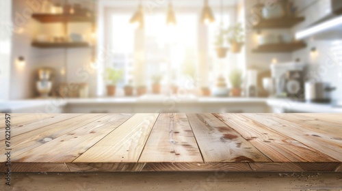 Empty wooden table and blurred background of modern kitchen, product display montage