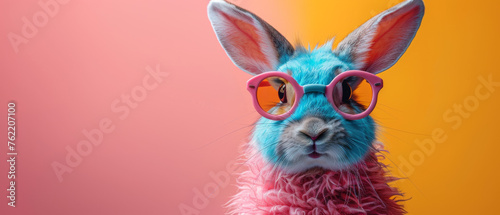 This creative image shows a digitally altered llama with vibrant pink fur and yellow round glasses against a dual background photo