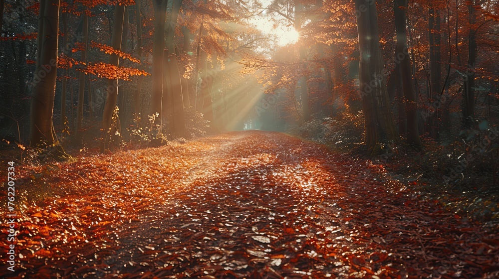 Sunbeams Filtering Through Autumn Forest