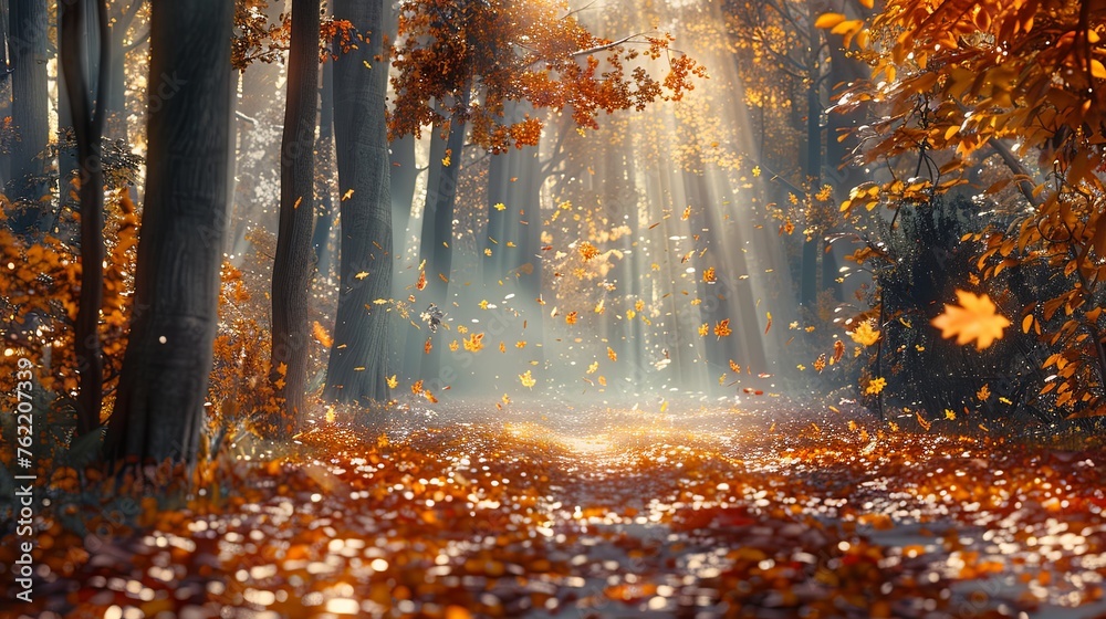 Sunbeams Filtering Through Autumn Forest - obrazy, fototapety, plakaty 