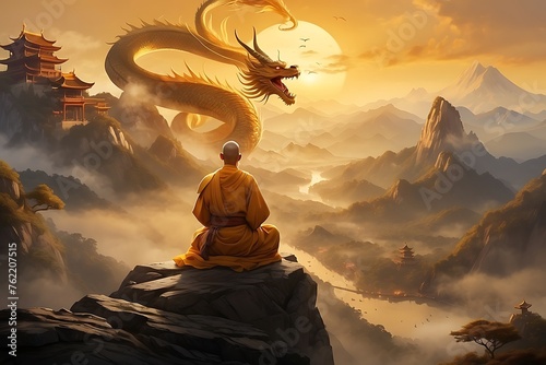 Chinese monk sitting on the cliff and looking at the dragon in the mountains