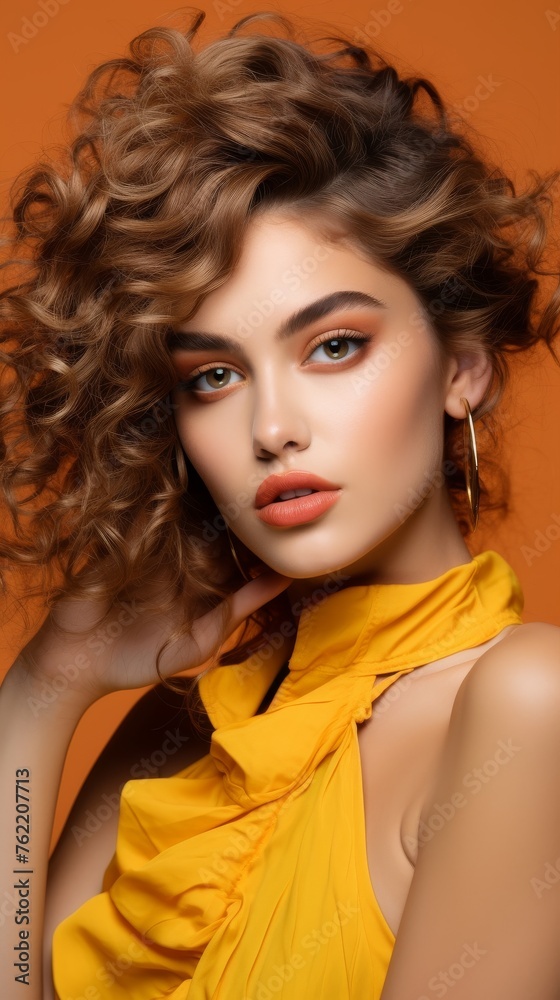 Fototapeta premium Woman With Curly Hair in Yellow Dress