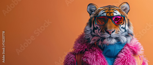 A majestic tiger, accented by modern red glasses and enveloped in pink feathers, against an orange background © Daniel