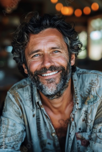 Elderly man smiling at camera. A close-up portrait of an elderly, man with a warm smile, wearing fashionable clothes.