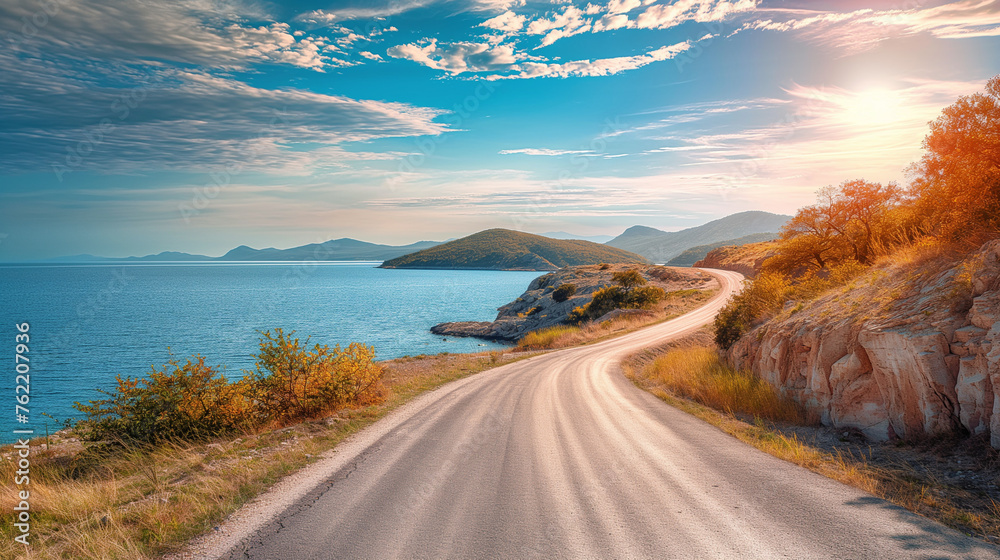 a road leading to the sea - road trip travel advertisement - vacation to the ocean coast illustration asset.