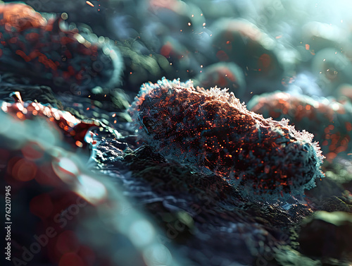 Representation of a dying bacteria. Breakdown of the bacterial cell structure, and disintegrating cell walls. Bacteria under microscope. AI