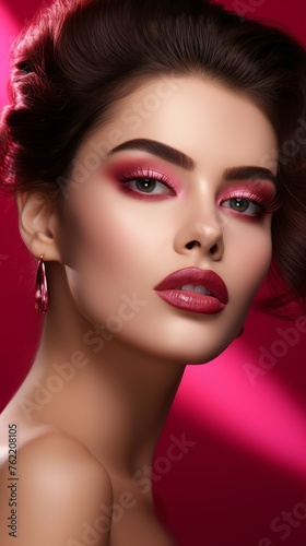 Woman Wearing Red Lipstick on Pink Background