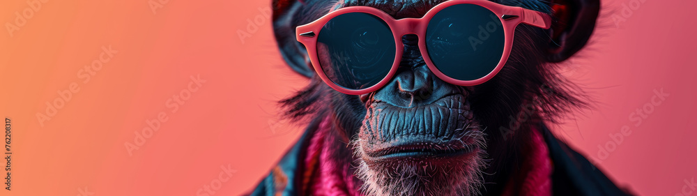 The visual depicts a chimpanzee with pink sunglasses against a red background, creating a humorous and vibrant setting - obrazy, fototapety, plakaty 