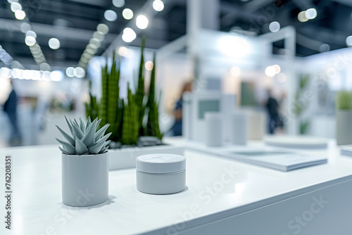 Modern exhibition stand with a succulent plant and promotional materials on a white counter, corporate event concept for design and print. Blurred background with booth visitors and ambient lighting photo