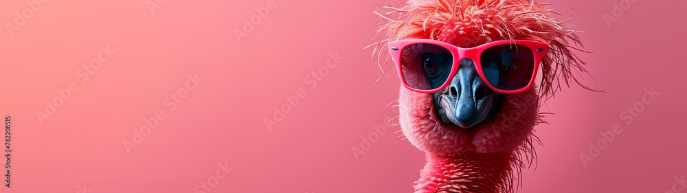The intriguing image showcases an exotic bird donning funky sunglasses, set against a soft pink background for a whimsical effect - obrazy, fototapety, plakaty 
