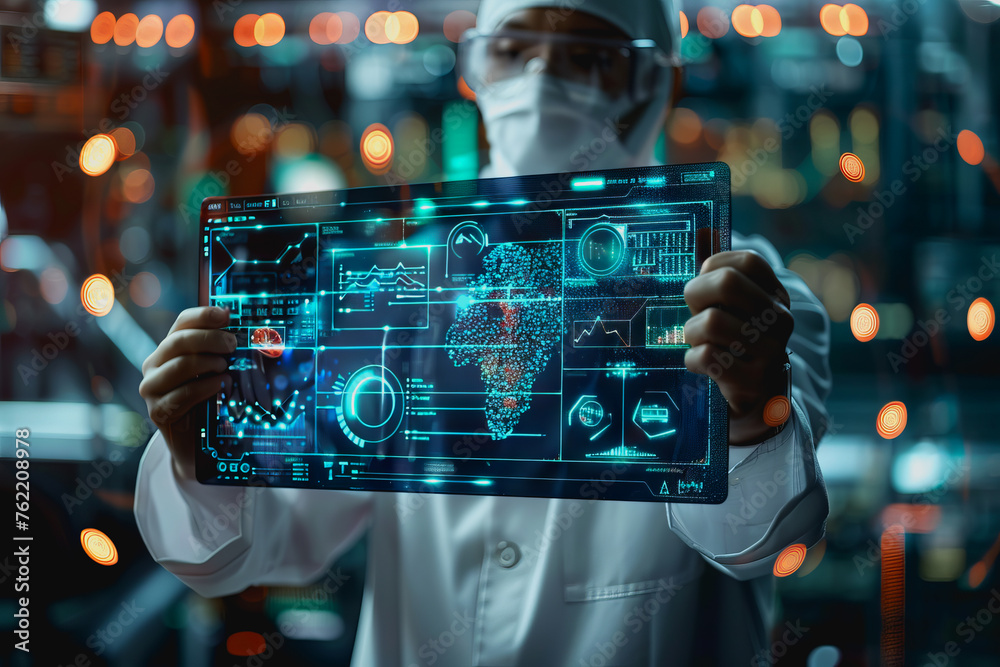 scientist is using a high tech dashboard to analyze science and Research data, technology futuristic scientist is using a high tech dashboard to analyze science and Research data, technology futuristic