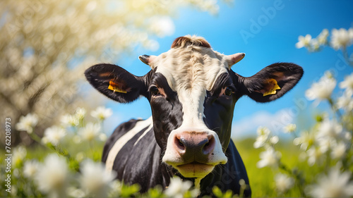 Cow in the blurred bokeh background field with blue sky. Closeup cow head picture.