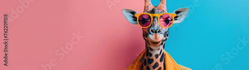 A fashionable giraffe wearing shades poses before a split pink and blue background, exuding a fun, pop-art feel