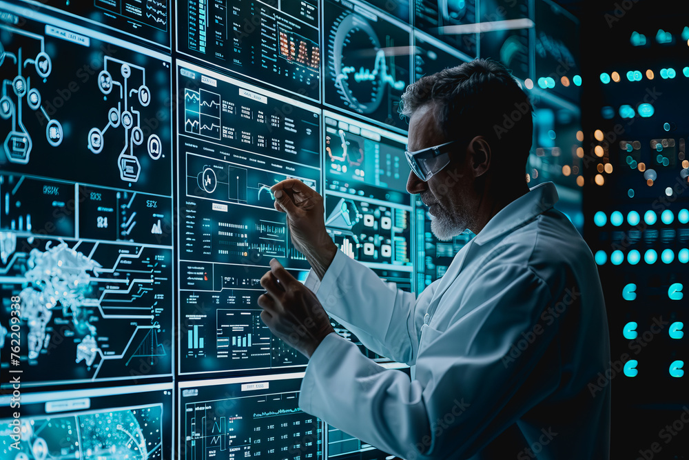 scientist is using a high tech dashboard to analyze science and Research data, technology futuristic scientist is using a high tech dashboard to analyze science and Research data, technology futuristic