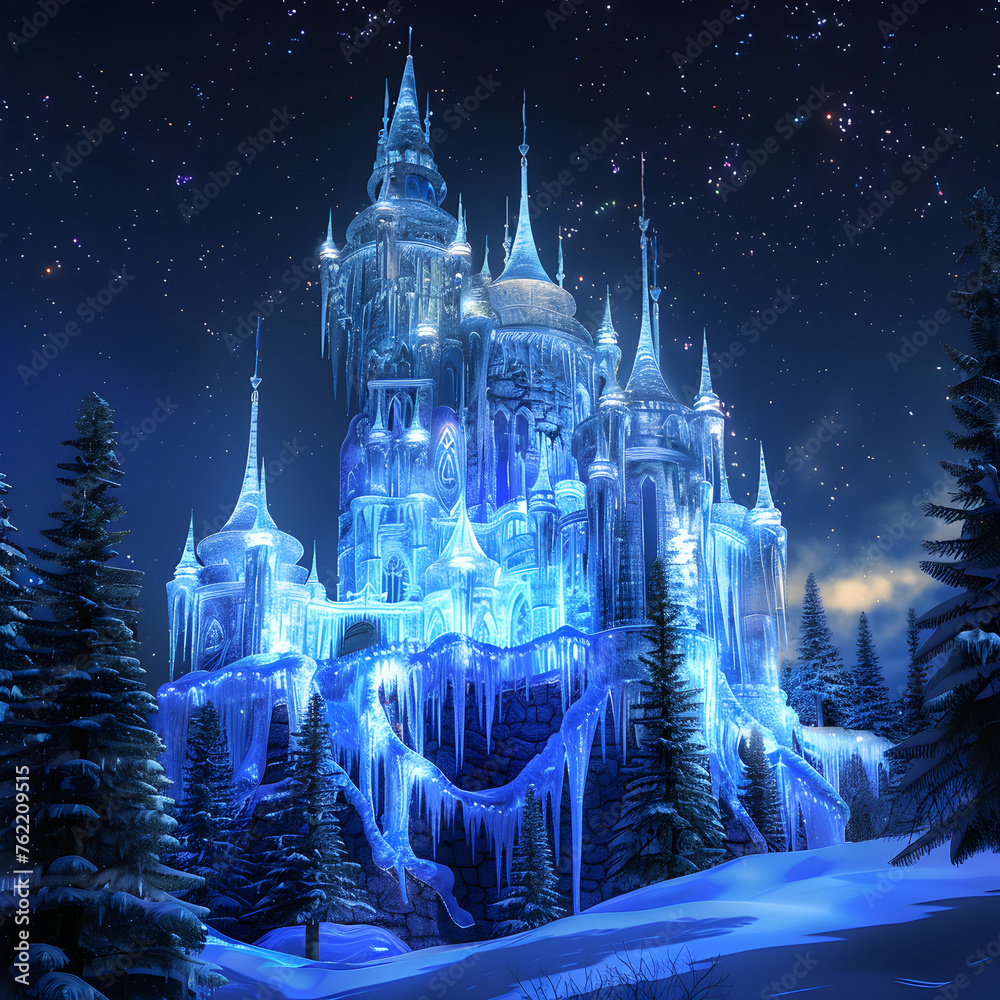 Captivating Winter Wonderland: Majestic Ice Castle Illuminated under the Starry Night - obrazy, fototapety, plakaty 