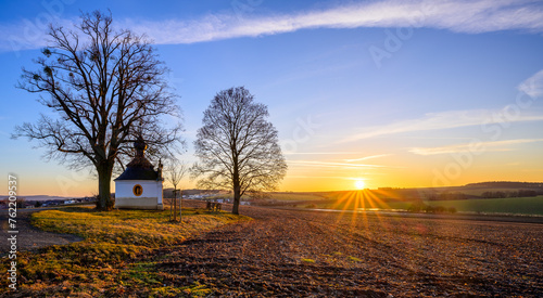 chapel, holy, landscape, field, sun, sunset, nature, trees, forest