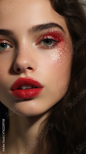 Close-Up of Woman With Red Makeup