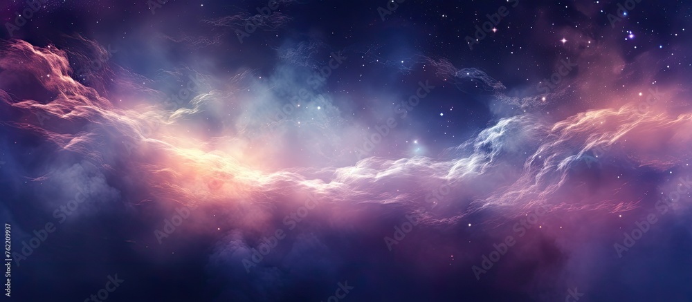 A mesmerizing painting of a purple galaxy in space, with atmospheric phenomena resembling cumulus clouds and vibrant magenta gas in the sky