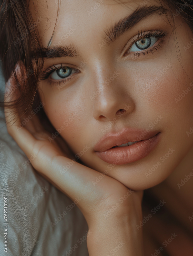 Schönes gepflegtes Frauen Gesicht mit natürlichen Make up für Kosmetik und Permanent Make up Poster Nahaufnahme Schönes gepflegtes Frauen Gesicht mit natürlichen Make up für Kosmetik und Permanent Make up Poster Nahaufnahme