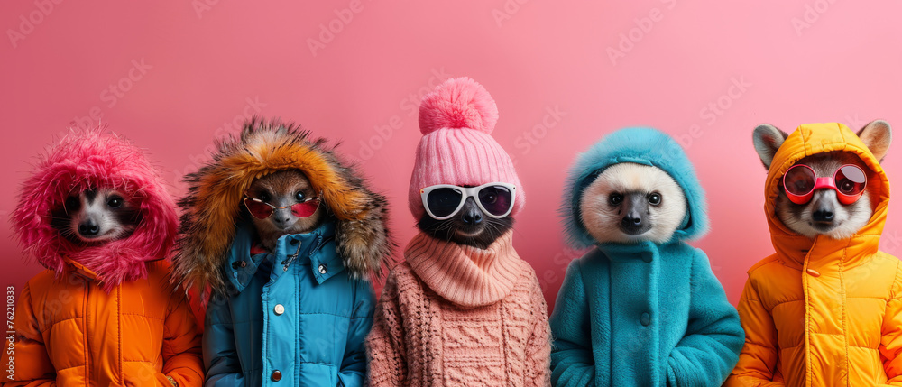 A group of five blurred-faced individuals animals dressed in colorful winter jackets, depicting friendship