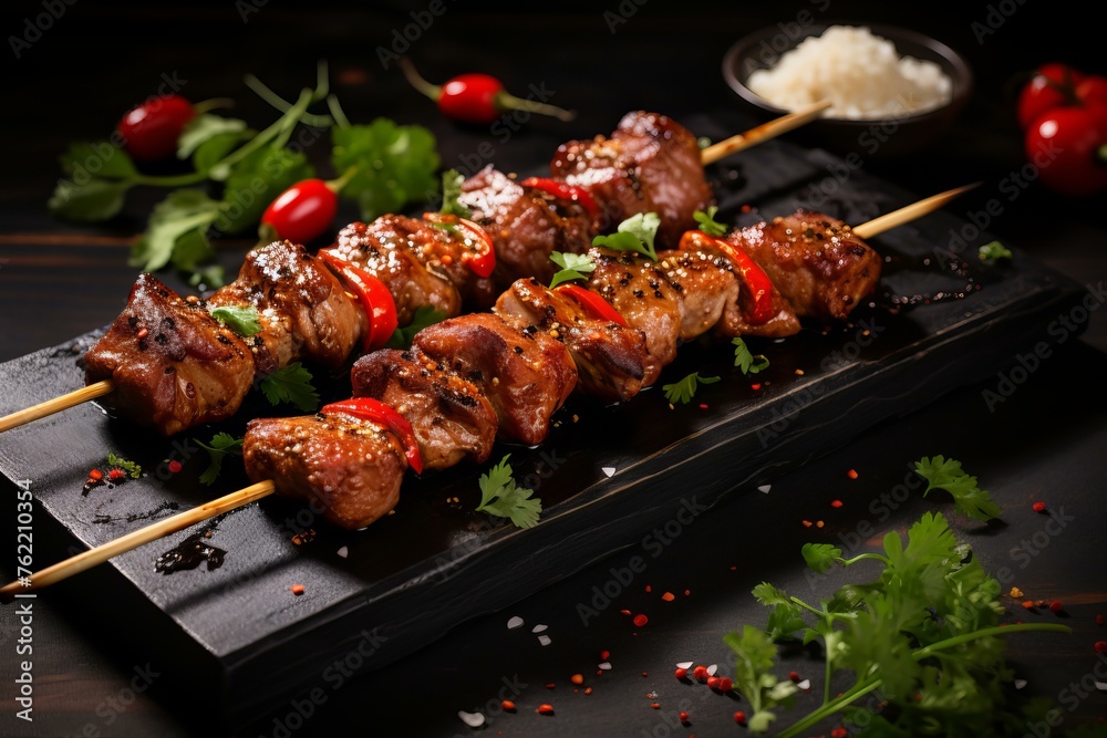 Spicy Pork skewers raw spices. Cuisine meal. Generate Ai