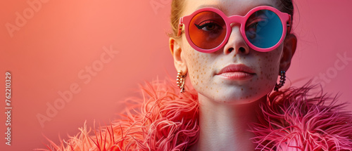 Fashion portrait of a woman with unique freckles, sporting trendy sunglasses and feather attire