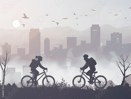Silhouette of people biking and wearing masks to protect against PM 2.5 dust, cycling in the city for transportation. Illustrates activities amidst bad air quality in urban areas with PM 2.5 pollution © Ivrin
