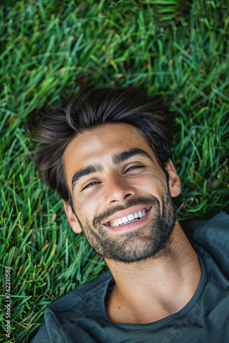 A beautiful model lying on a grass field