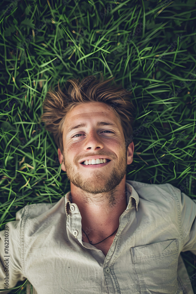 A beautiful model lying on a grass field A beautiful model lying on a grass field