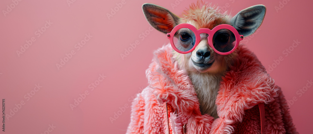 An amusing and arresting image of a sheep wearing a pink fur coat and earrings, with a human-like appearance and posture